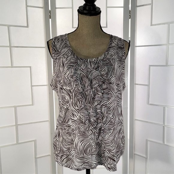 Chico’s Brown & White Swirls Sleeveless Shell Tuxedo Ruffle bib - Picture 2 of 10